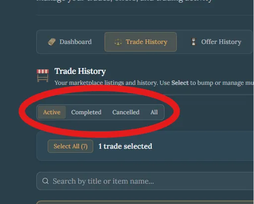 Trade History tab