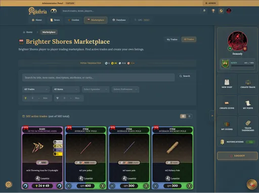 Marketplace landing page showing active trade cards