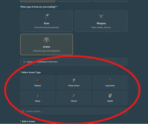Item type and subtype selection